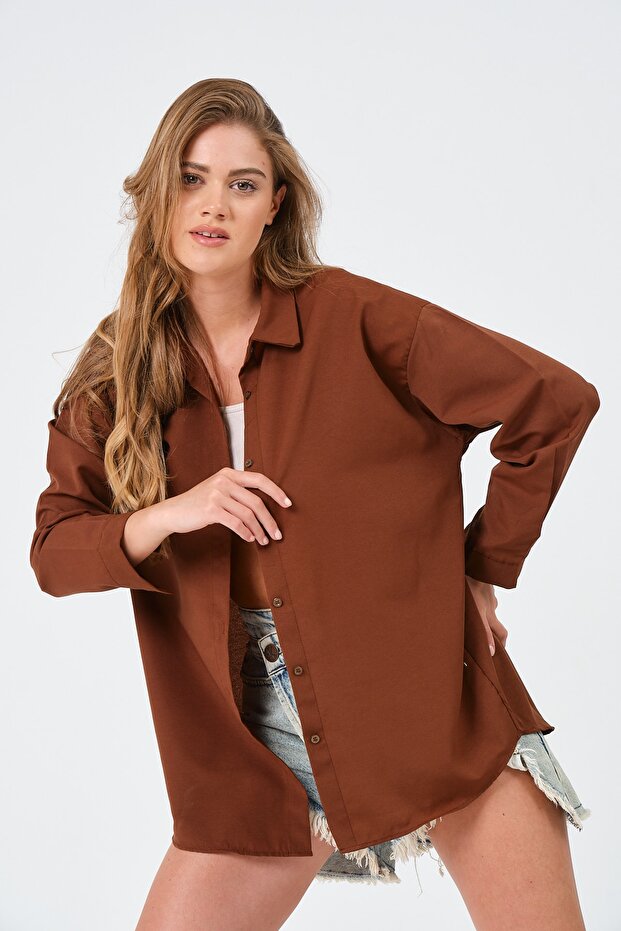 Kadın Kahverengi Oversize Uzun Basic Gömlek - 1