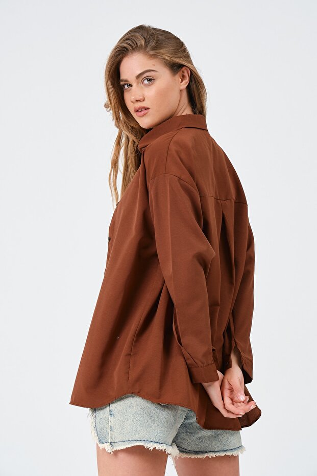 Kadın Kahverengi Oversize Uzun Basic Gömlek - 5