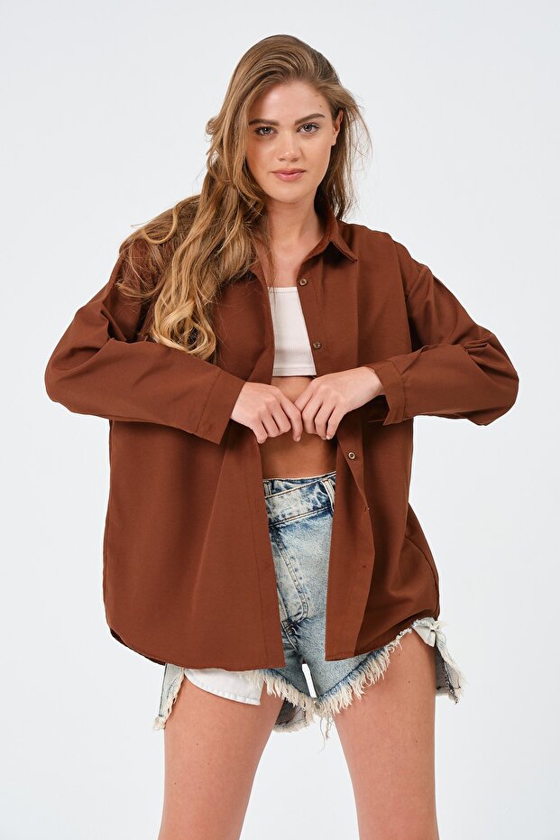 Kadın Kahverengi Oversize Uzun Basic Gömlek - 7