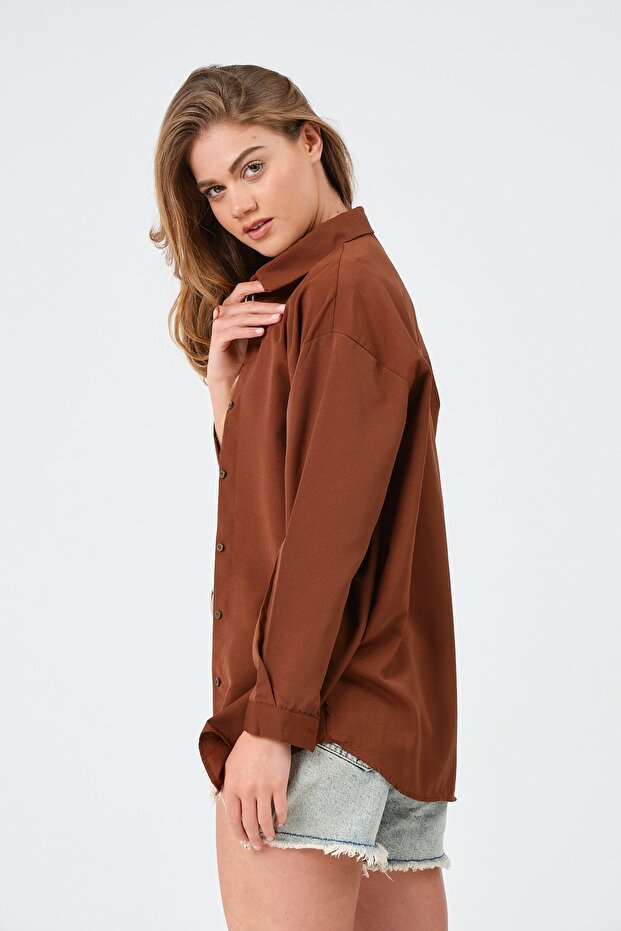 Kadın Kahverengi Oversize Uzun Basic Gömlek - 8