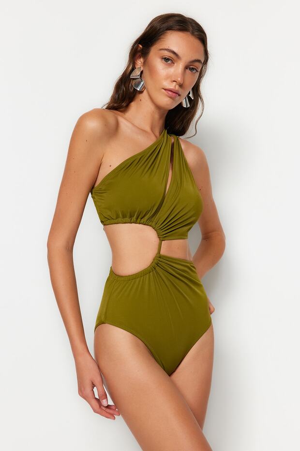 Haki Tek Omuz Tünelli Cut Out Detaylı Regular Core Mayokini TBESS23MA00206 - 1