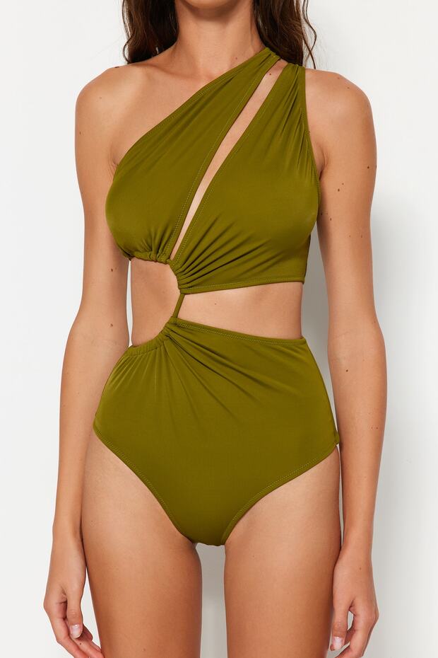 Haki Tek Omuz Tünelli Cut Out Detaylı Regular Core Mayokini TBESS23MA00206 - 4