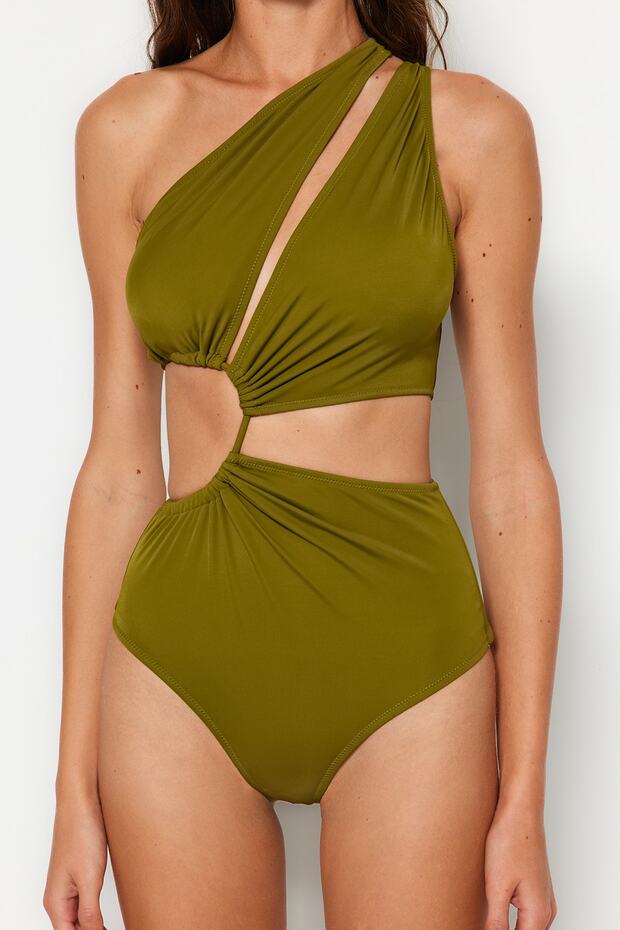 Haki Tek Omuz Tünelli Cut Out Detaylı Regular Core Mayokini TBESS23MA00206 - 5