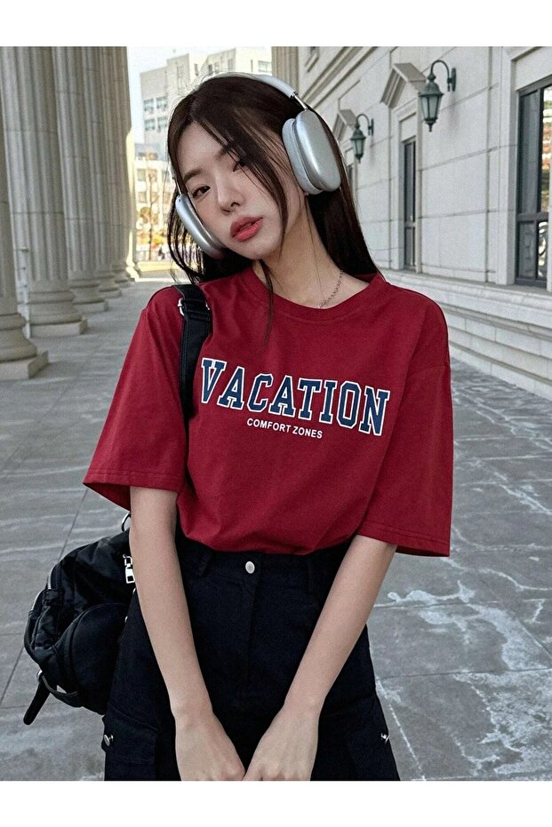 Women's Claret Red Vacation Printed Oversize T-shirt
