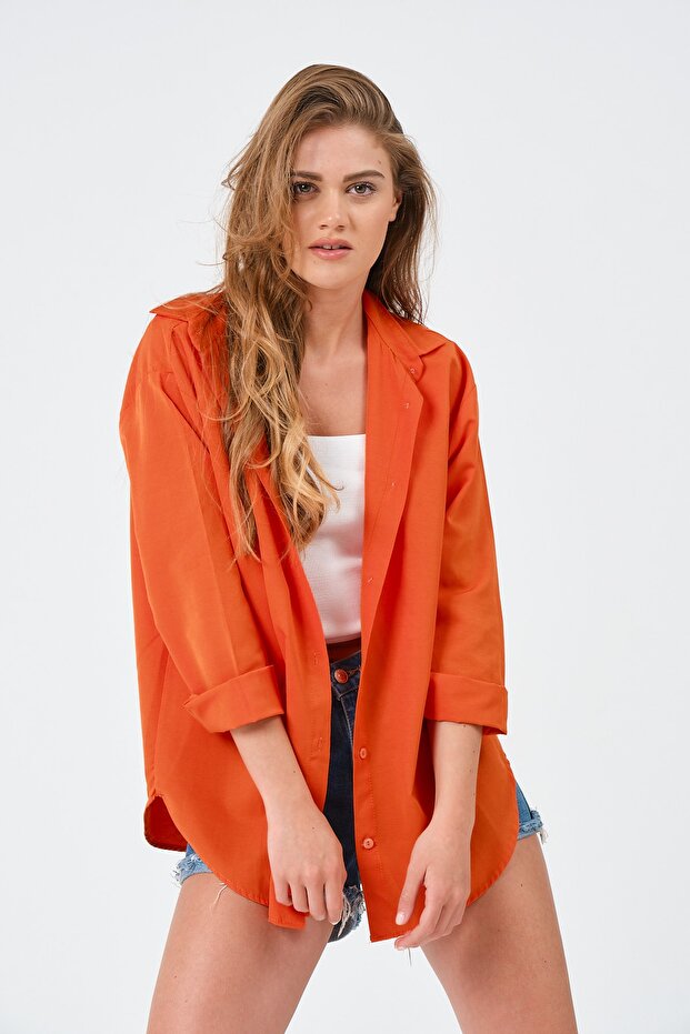 Kadın Turuncu Oversize Uzun Basic Gömlek - 1