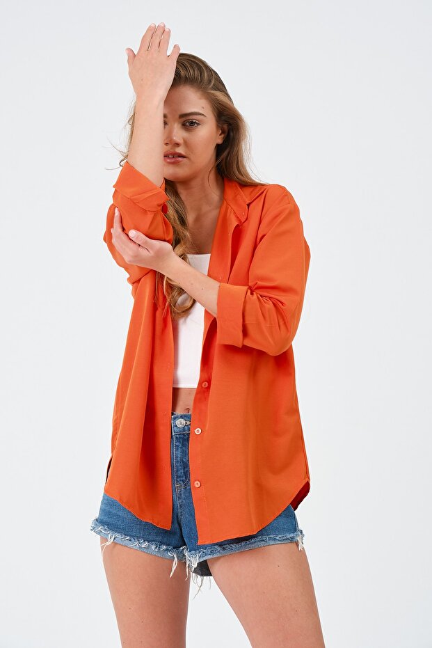 Kadın Turuncu Oversize Uzun Basic Gömlek - 4