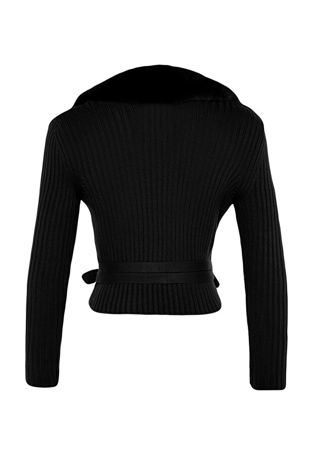 Siyah Crop Suni Kürk Detaylı Triko Kazak TWOAW24KZ00223 - 8