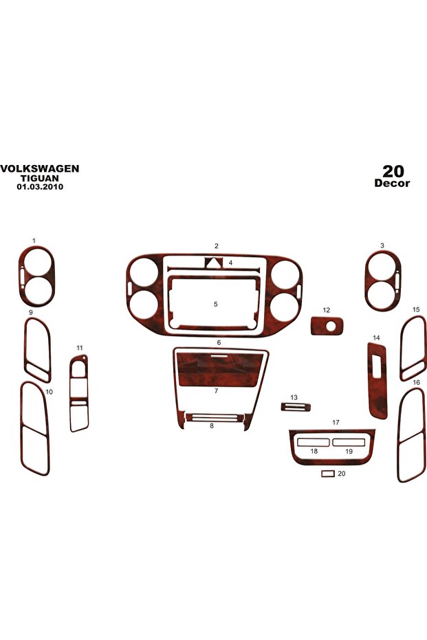 Meriç ® Volkswagen Tiguan Front Glove Box Trim Mahogany 20 Pieces 2011-2015
