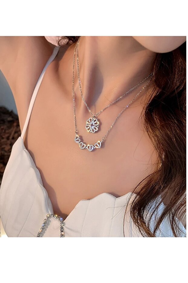 Zircon Stone Multiple Hearts Openable and Closed Magnet Clover Steel Necklace