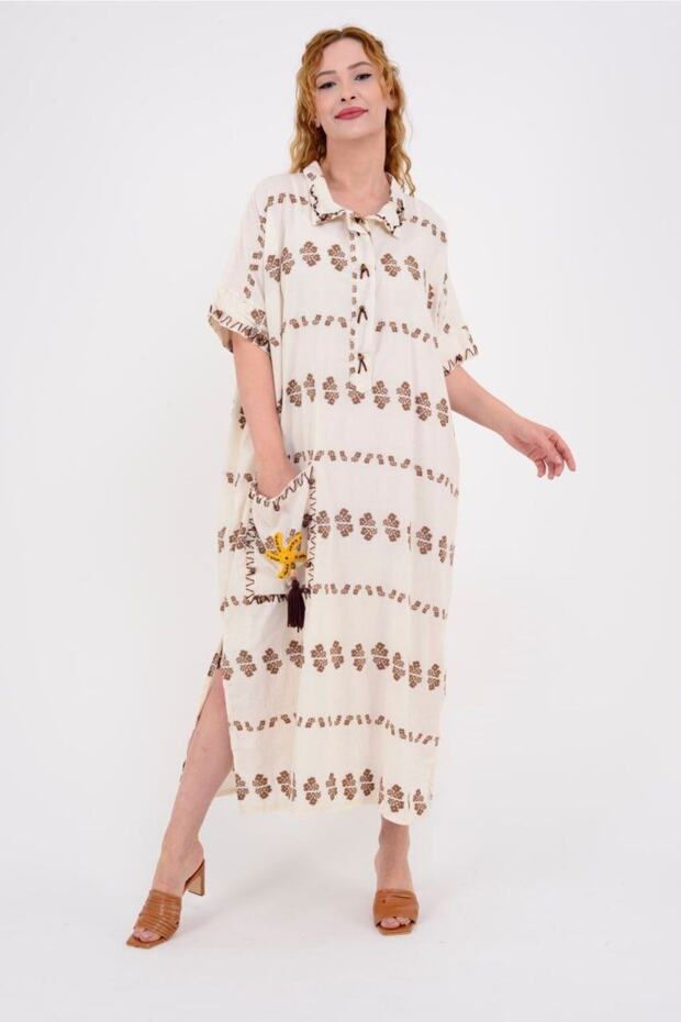 Women's Raw Cotton Pocket Hand Embroidered Dress