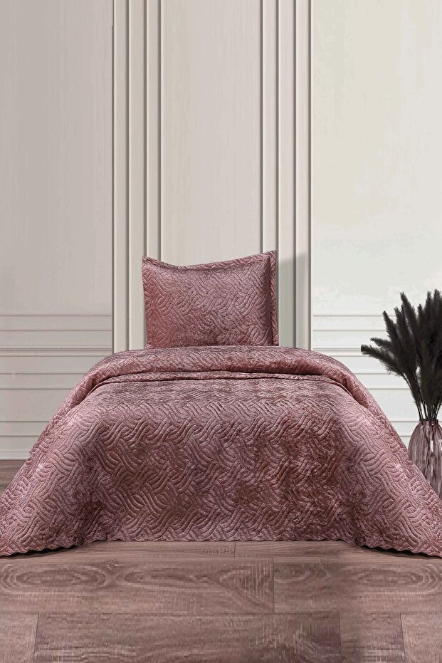 Lamia Pudra Kadife Tek Kişilik Yatak Örtüsü - 1