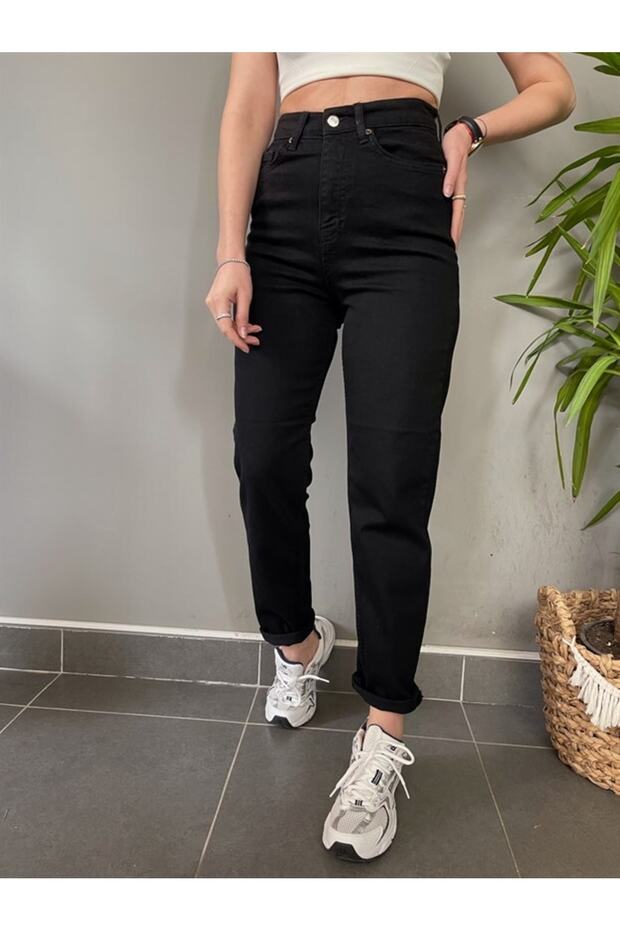 High Waist Lycra Black Mom Jeans Flexible Denim Trousers