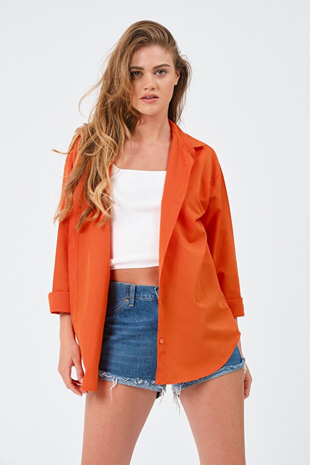 Kadın Turuncu Oversize Uzun Basic Gömlek - 5