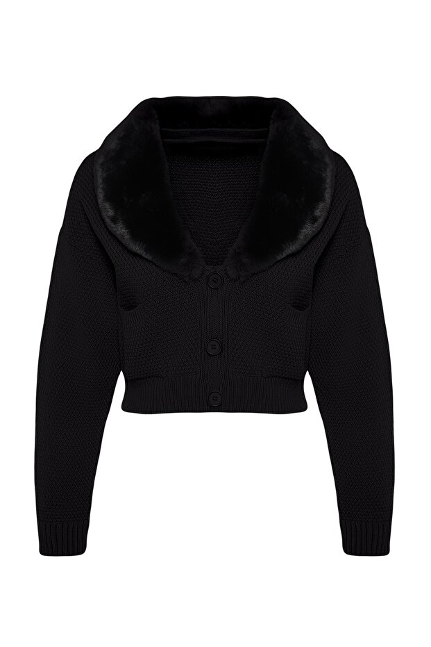 Siyah Crop Kürk Detaylı Triko Hırka TWOAW24HI00029 - 6