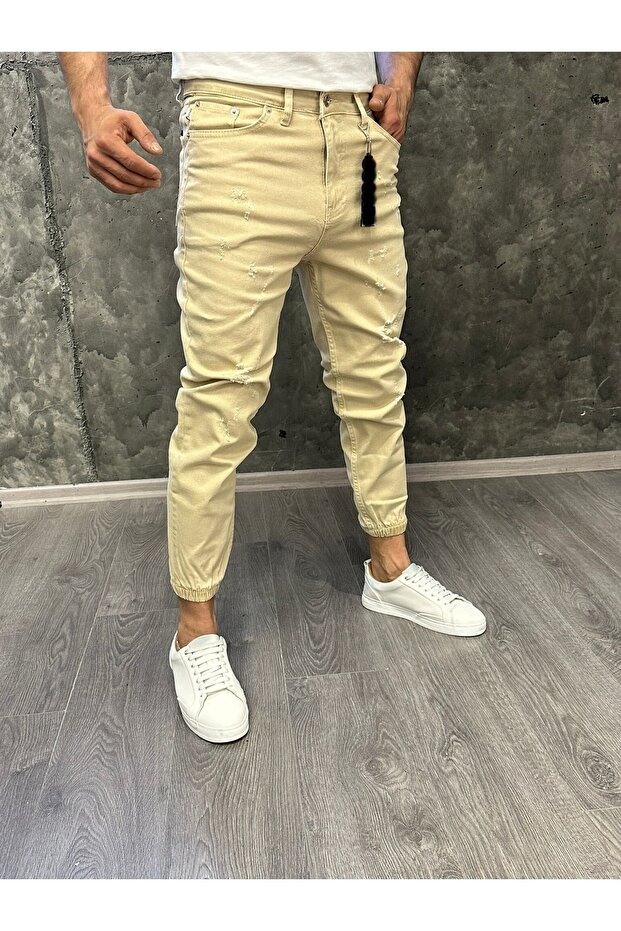 Men's Cream Leg Elastic Boyfriend Jogger Jeans