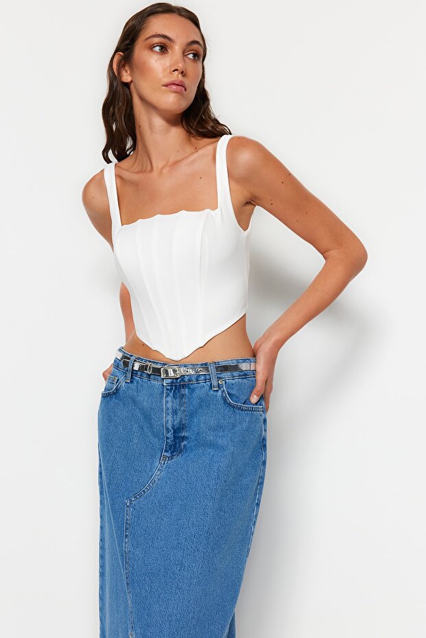 Ekru Askılı Korse Crop Dokuma Bluz TWOSS23BZ00938 - 2