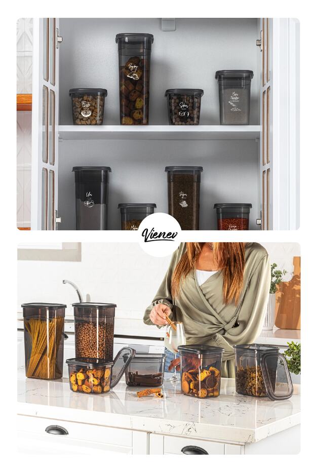 مجموعة من 9 حاويات تخزين مستطيلة طويلة مع ملصق طباعة باللون الأبيض وغطاء شفاف سعة 1.3 لتر - 5