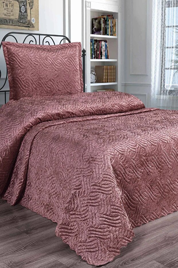 Lamia Pudra Kadife Tek Kişilik Yatak Örtüsü - 2