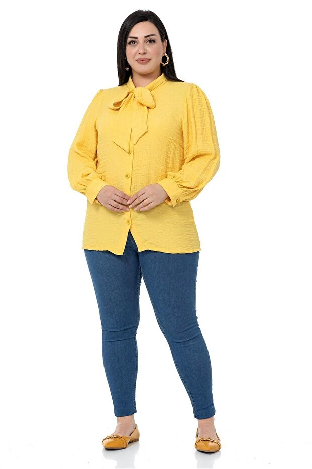 Plus Size Collar Tied Shoulder and Sleeve Gathered Yellow Shirt