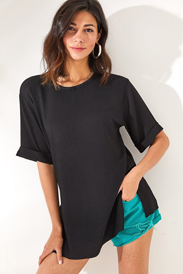 Women's Black Textured Double Sleeve T-Shirt with Side Slits TSH-19000756