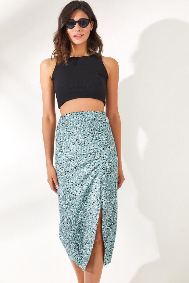 Women's Little Daisy Mint Front Gathered Slit Knitted Skirt ETK-19000202