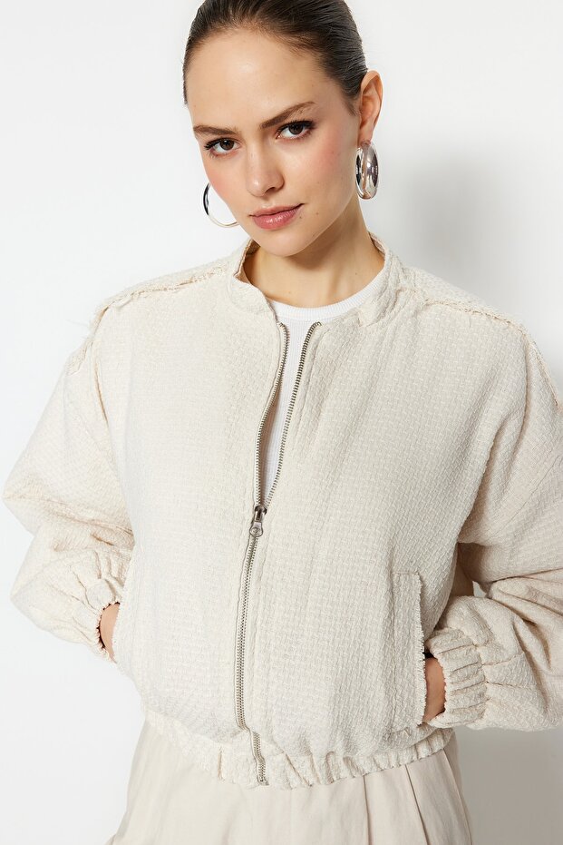 Oversize'owa kurtka typu bomber z tweedu w kolorze ecru - Twoss23Mo00052 - 3