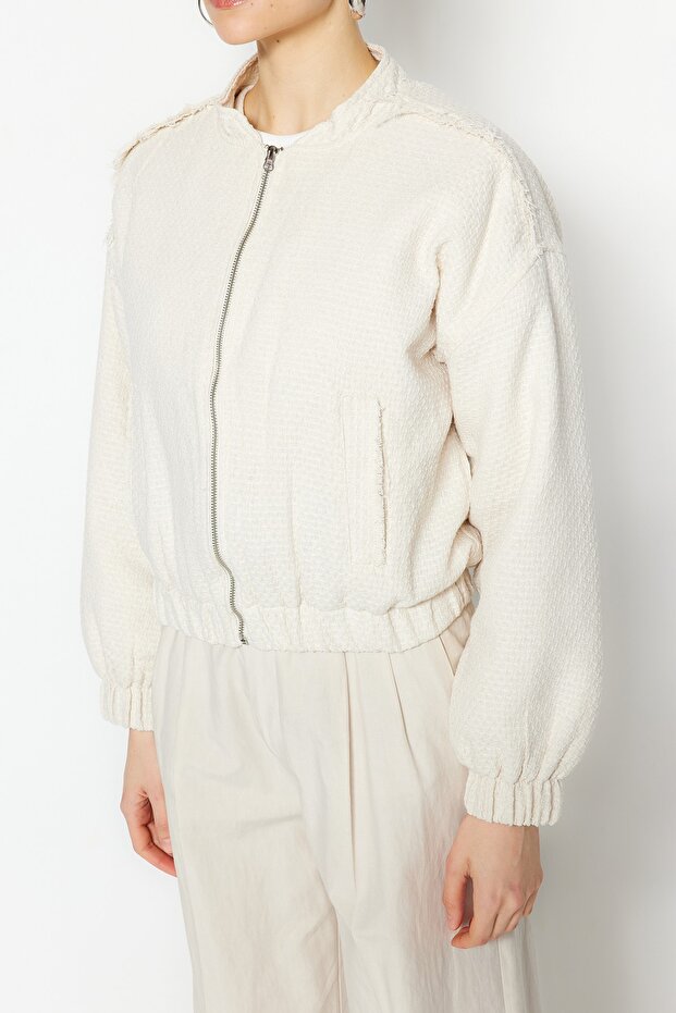 Oversize'owa kurtka typu bomber z tweedu w kolorze ecru - Twoss23Mo00052 - 4