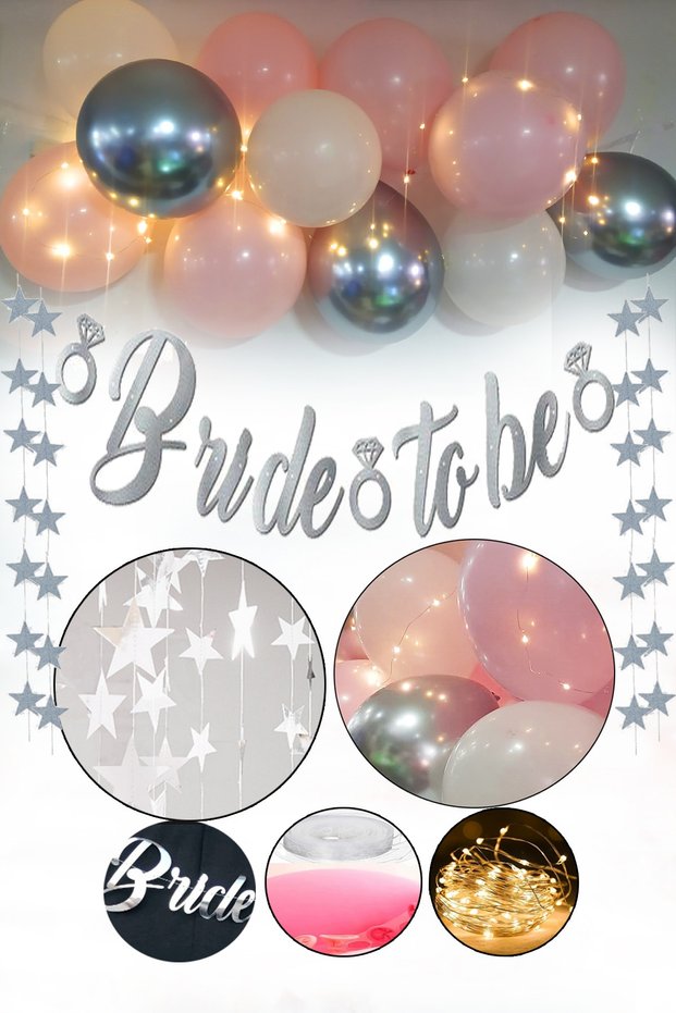 Bride To Be LED Lighted Chain Balloon Decoration Set Venue Room Bride Bachelorette Party Silver Set