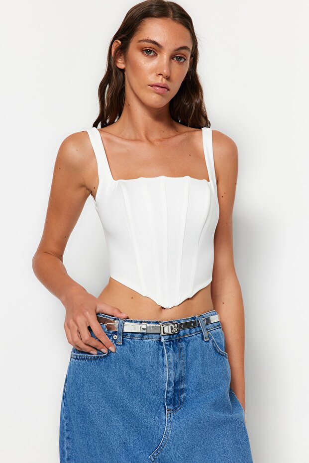 Ekru Askılı Korse Crop Dokuma Bluz TWOSS23BZ00938 - 3