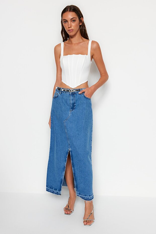 Ekru Askılı Korse Crop Dokuma Bluz TWOSS23BZ00938 - 4
