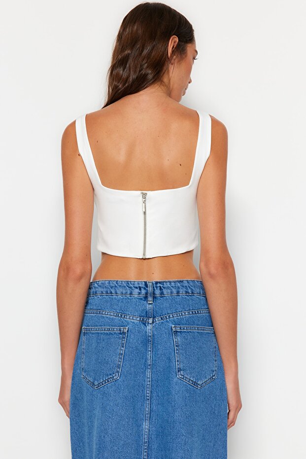 Ekru Askılı Korse Crop Dokuma Bluz TWOSS23BZ00938 - 6