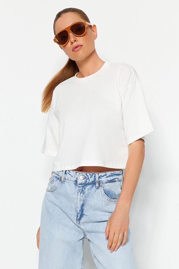 Ekru Relaxed/Rahat Kalıp %100 Kalın Pamuklu Crop Örme T-Shirt TWOSS23TS00038 - 1