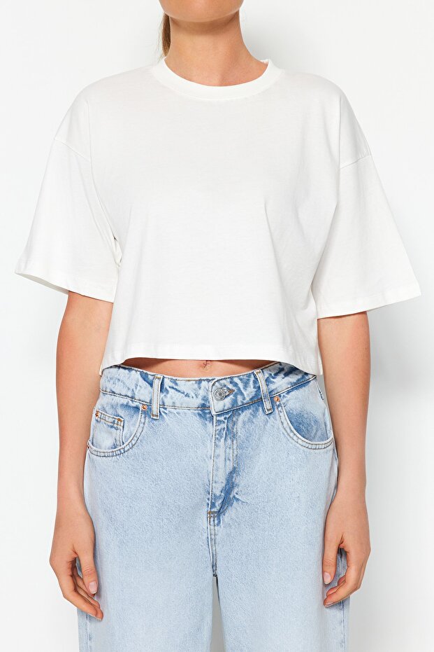 Ekru Relaxed/Rahat Kalıp %100 Kalın Pamuklu Crop Örme T-Shirt TWOSS23TS00038 - 4