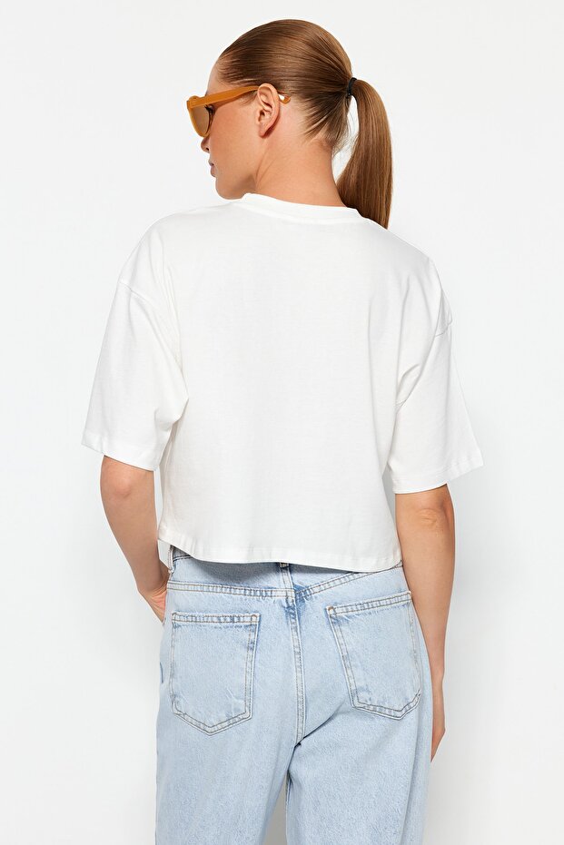 Ekru Relaxed/Rahat Kalıp %100 Kalın Pamuklu Crop Örme T-Shirt TWOSS23TS00038 - 6