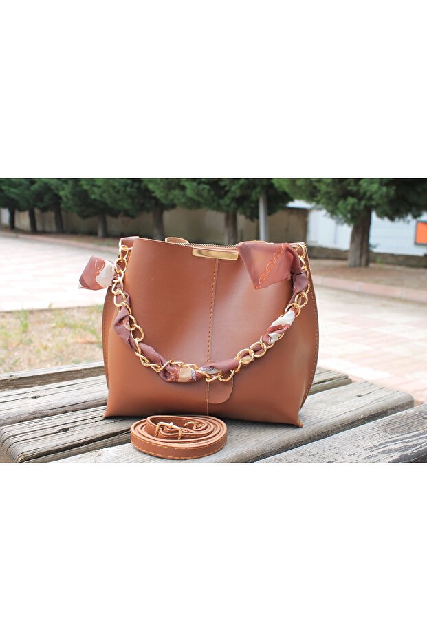 Women's Soft Leather 3-Compartment Handbag, Shoulder Bag with Scarf and Chain Accessories