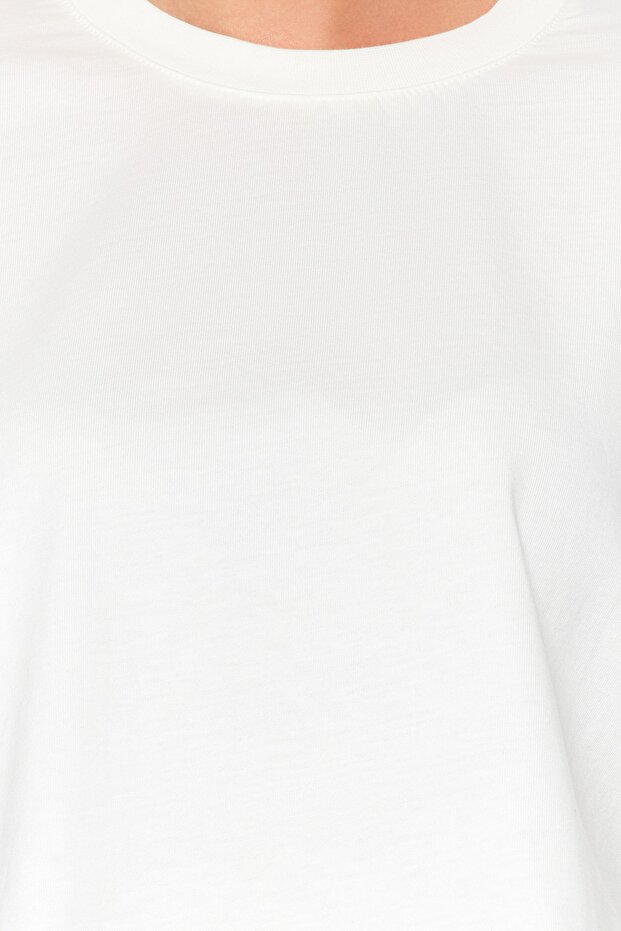 Ekru Relaxed/Rahat Kalıp %100 Kalın Pamuklu Crop Örme T-Shirt TWOSS23TS00038 - 5
