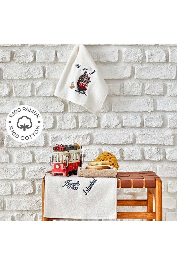 Beyoğlu Beige 100% Cotton Embroidered 3 Piece Towel Set 30x50 Cm