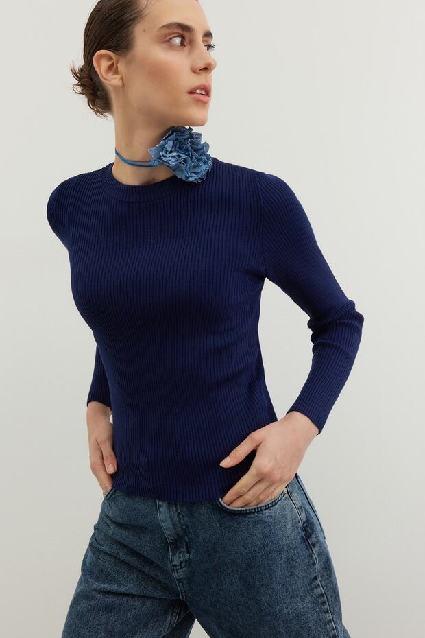 Trendyolmilla  Lacivert Basic Fitilli Triko Kazak TWOAW22KZ1708 - Görsel 2