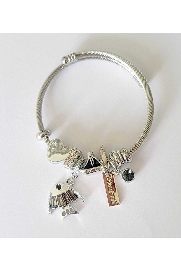 Steel Bracelet with Fish and Heart Charm
