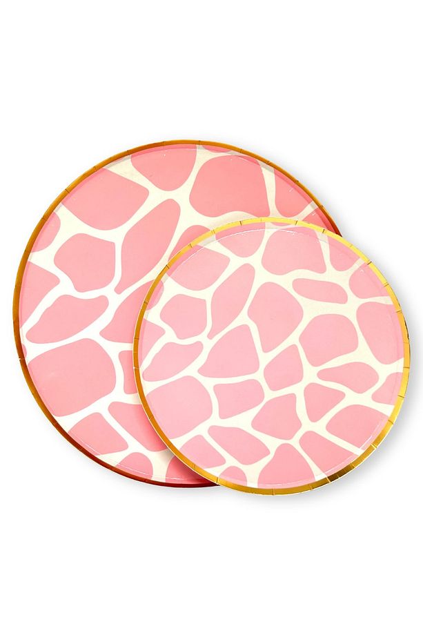 Safari Pembe Zürafa Altın Yaldızlı Karton Parti Tabak 10 Adet-23cm - 1