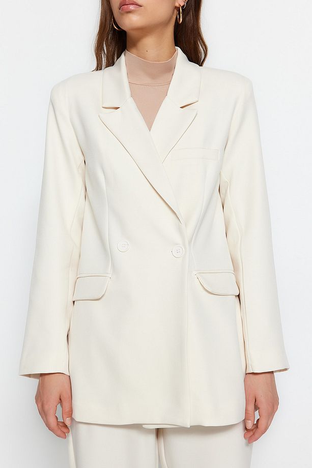 Krem Blazer Ceket-Pantolon Dokuma Alt-Üst Takım TCTAW23US00132 - 5