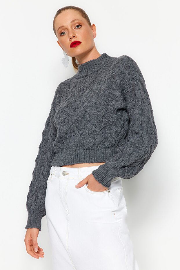 Antrasit Crop Dik Yaka Triko Kazak TWOAW22KZ1634