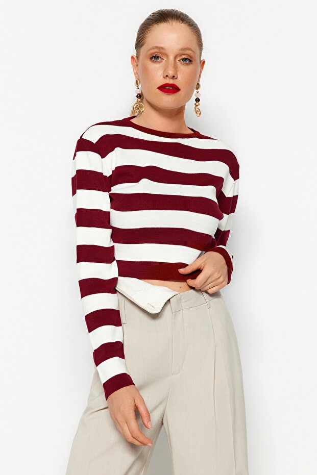 Bordo Crop Basic Çizgili Triko Kazak TWOAW23KZ00034 - 1