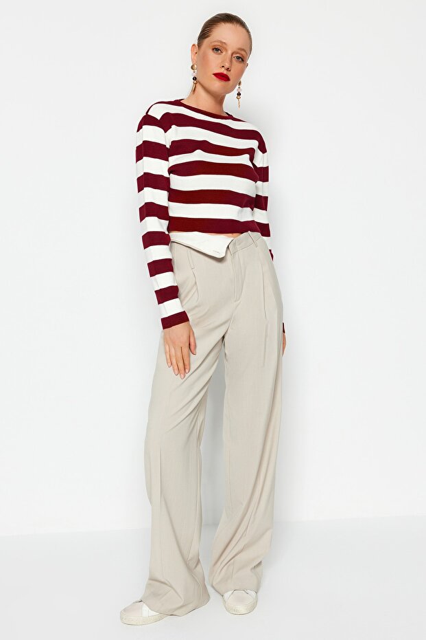 Bordo Crop Basic Çizgili Triko Kazak TWOAW23KZ00034 - 2