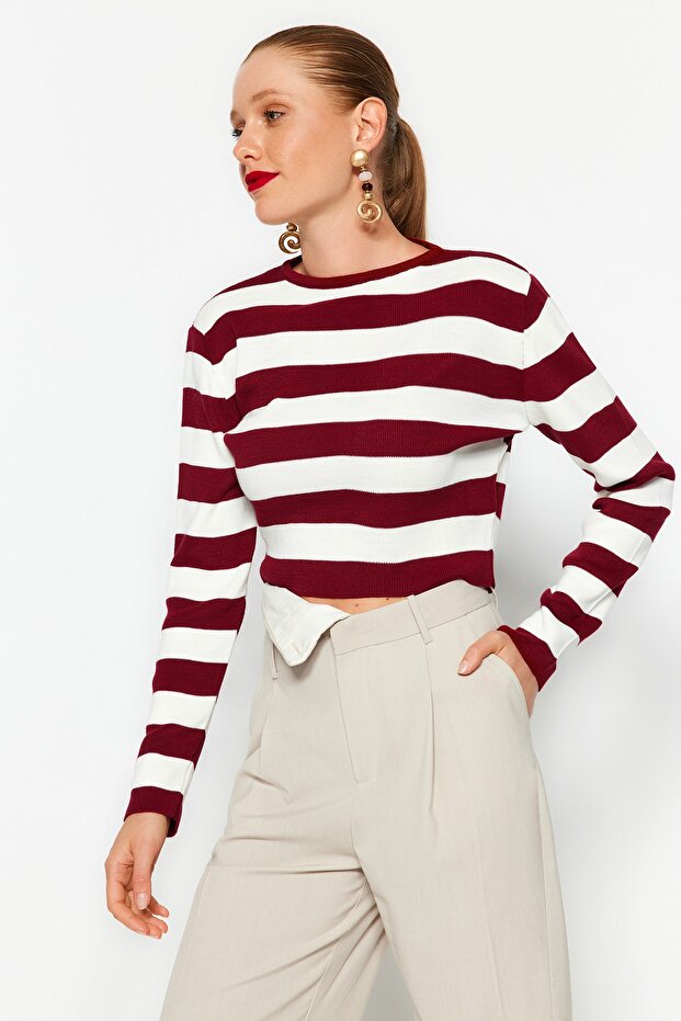 Bordo Crop Basic Çizgili Triko Kazak TWOAW23KZ00034 - 3