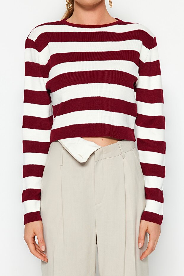 Bordo Crop Basic Çizgili Triko Kazak TWOAW23KZ00034 - 4