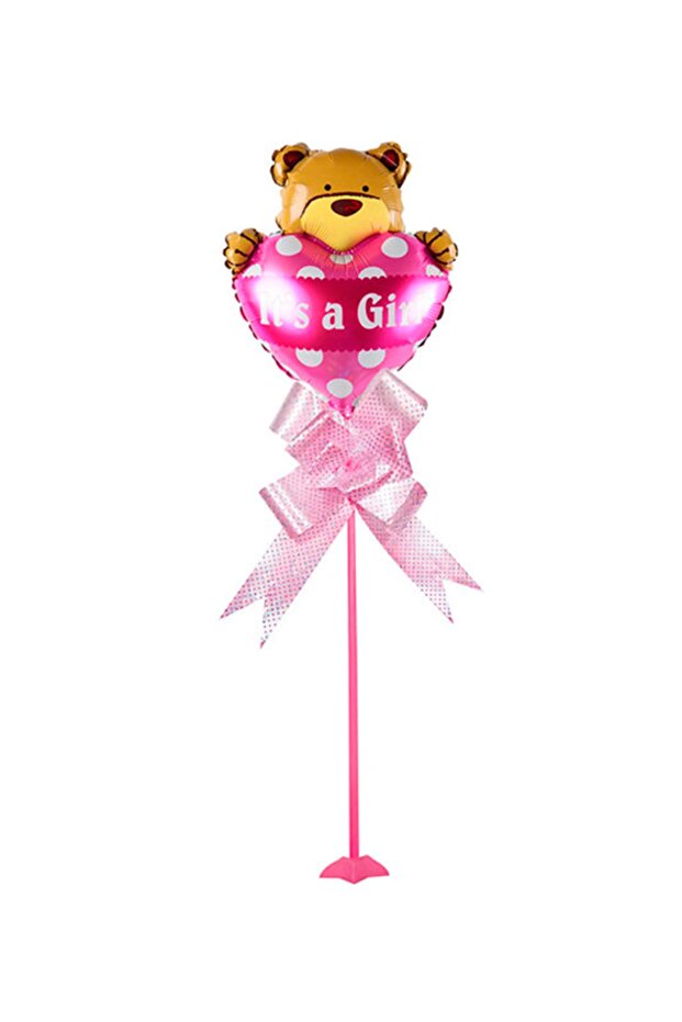 Teddy Bear and Heart Figured Party Table Decoration Foil Balloon with Sticks Pink