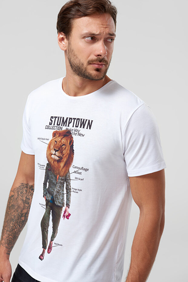 Beyaz Erkek T-Shirt -  Aslan Grafik - Baskılı - 2
