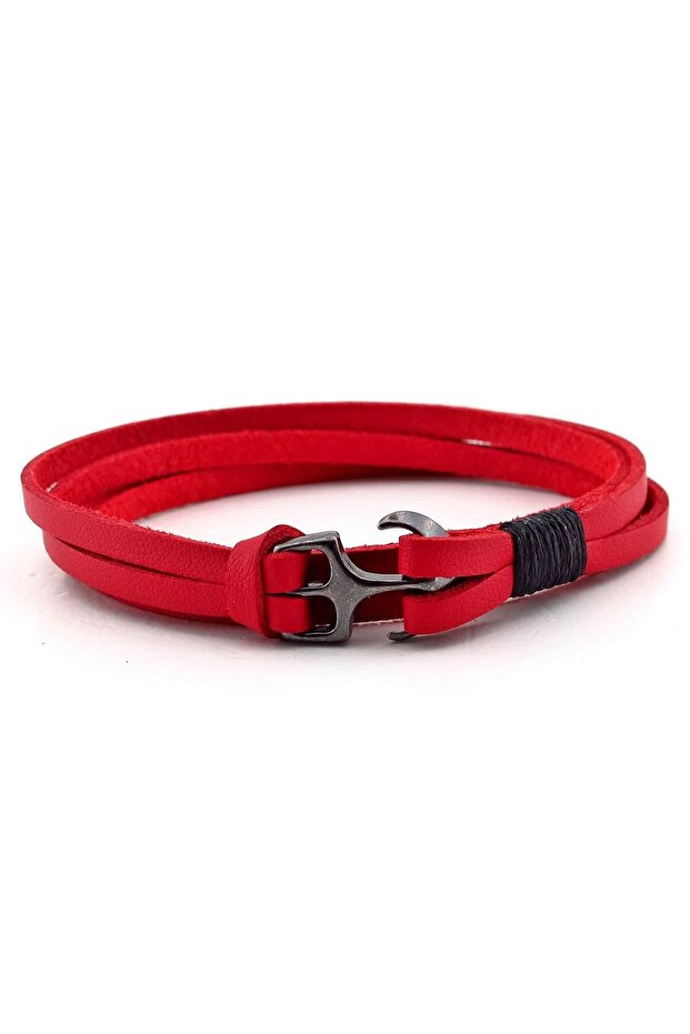 Men's Anthracite Anchor Genuine Leather Red Bracelet Bt496