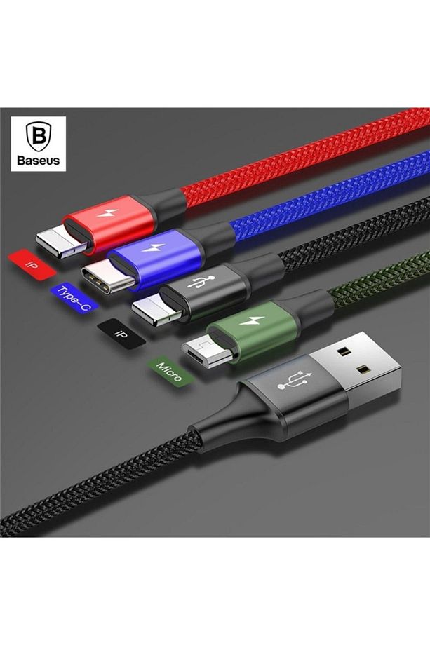 Rapid Serisi 3.5A 4in1 2X Lightning. Micro Usb Type C Hızlı Şarj Kablosu 1.2 Metre Siyah - 1